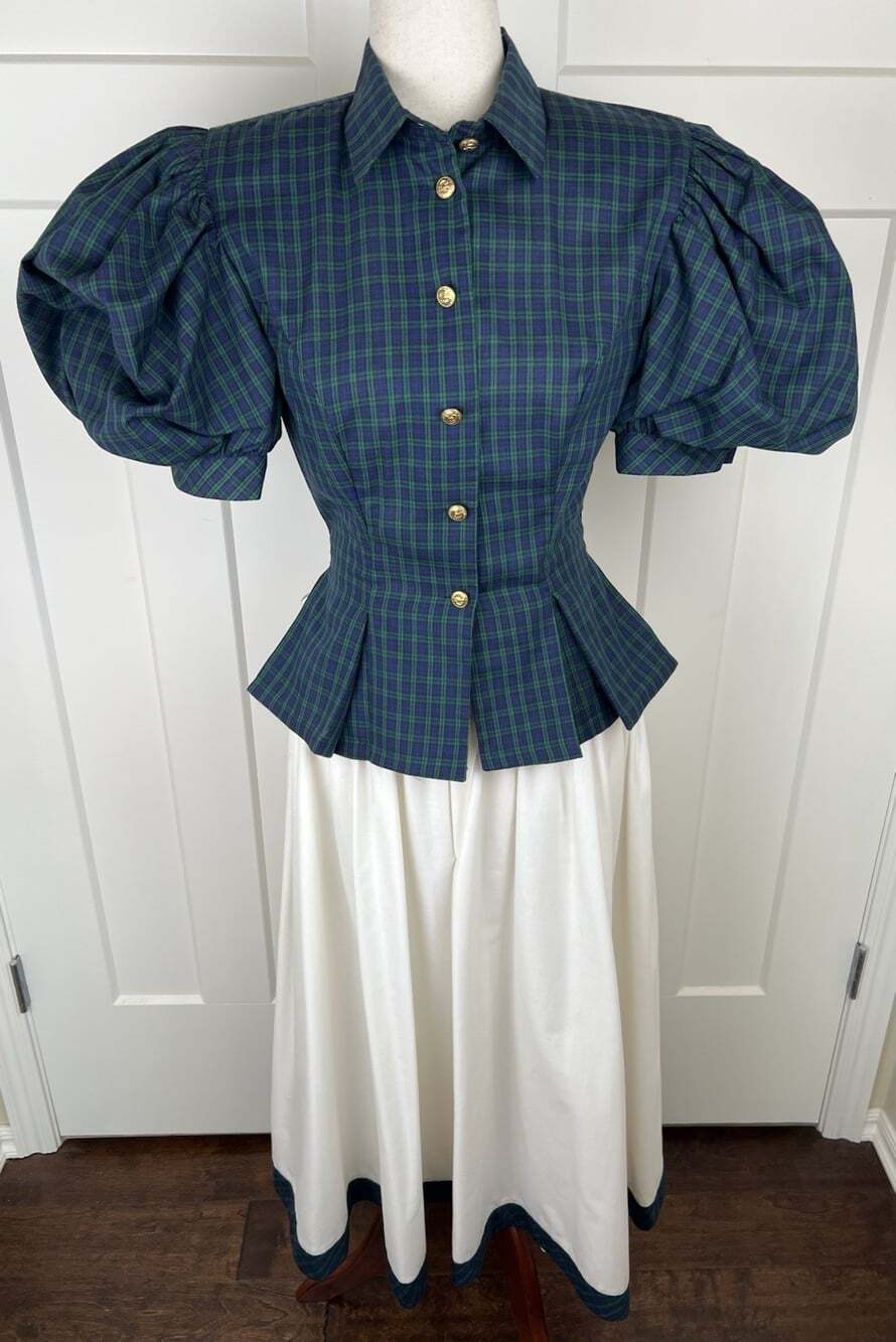 Vintage 80s Leslie Lucks Tartan Plaid Puff Sleeve Peplum Blouse Skirt Set XS - Picture 2 of 16